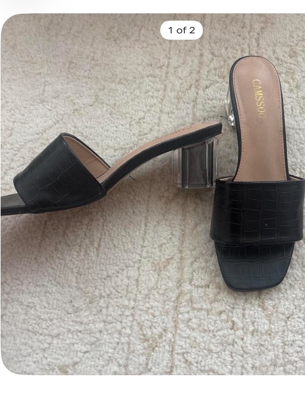 Casio Black Croc-Embossed Slide Heels with Clear Block Heel
